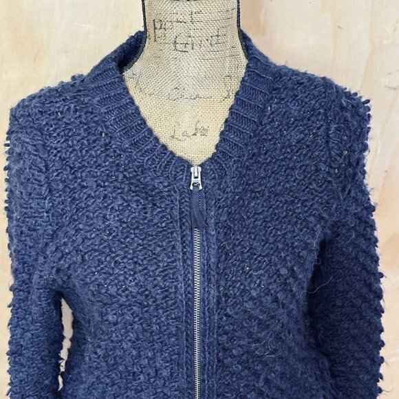 Lucky Brand M Med Chunky Knit Cardigan Zip Navy Blue Wool Blend Sweater Alpaca - Picture 3 of 13